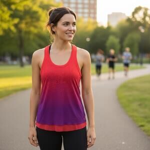 NWOT Women's Mesh Racerback Gradient Workout Tank Top - Bright Red to Purple